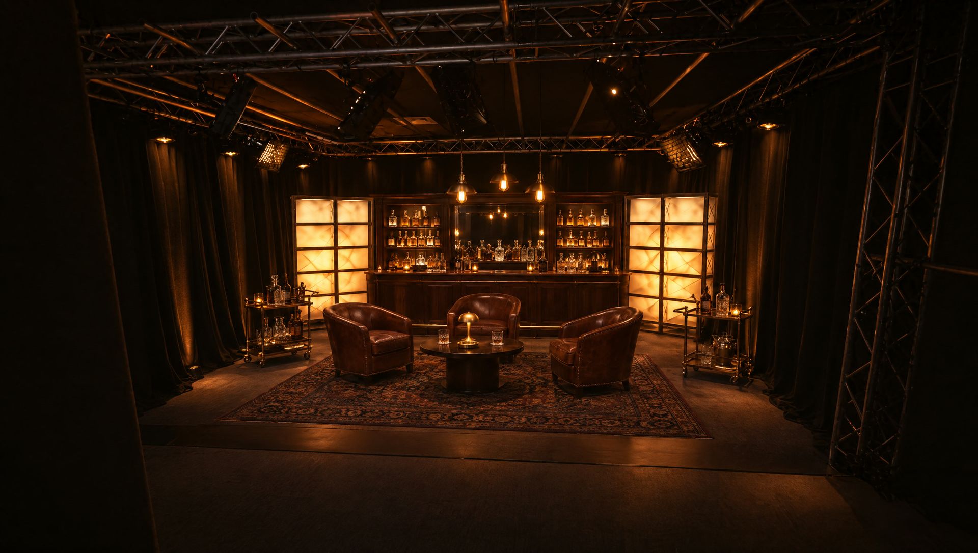 Concept render of the stage dressed as a speakeasy lounge